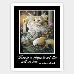 Candle Light Cat - Love Is A Flame Quote - White Outlined Version Sticker